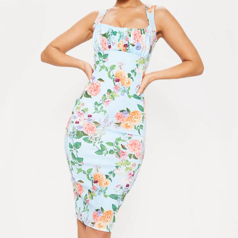Blue Floral Print Ruched Bust Detail Midi Dress